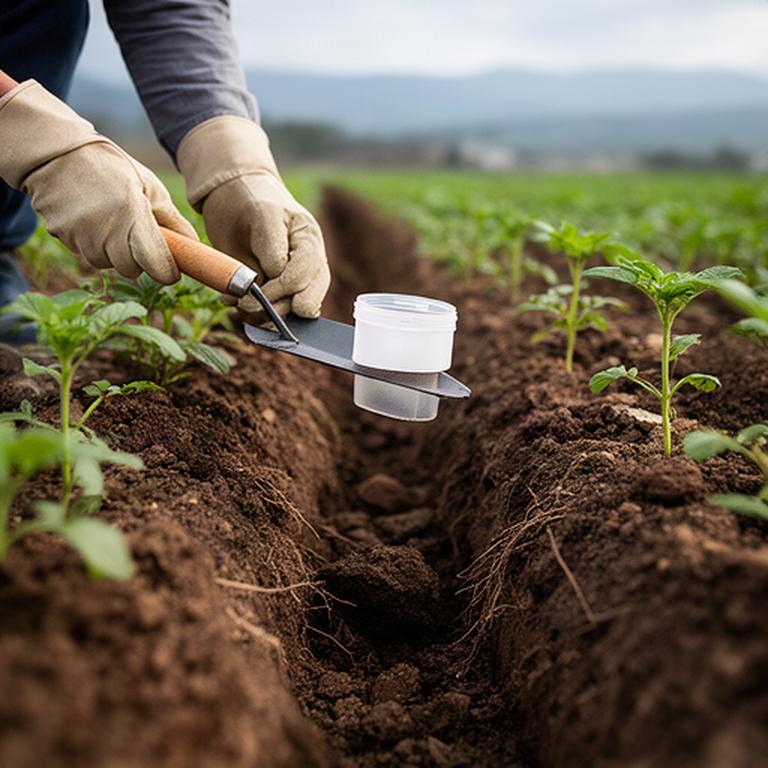 Campionamento del terreno agricolo con paletta tra piante giovani e zolle ben visibili